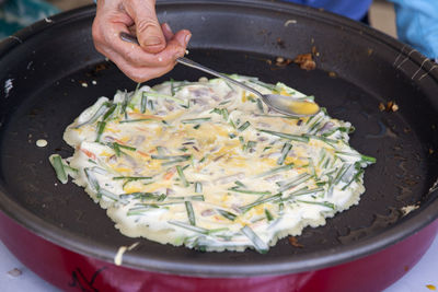 Close-up of person holding food in plate