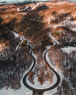 High angle view of road amidst trees on land