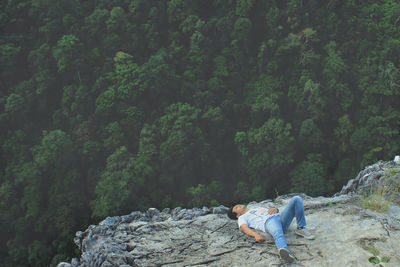 Man sitting on rock by trees in forest