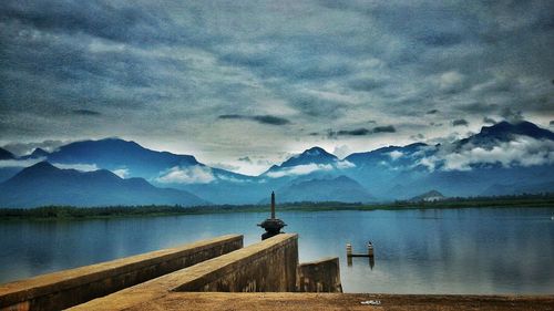 Scenic view of lake against cloudy sky