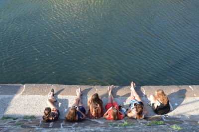 High angle view of ducks swimming on lake