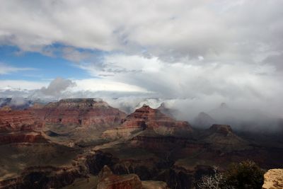 Scenic view of mountains against cloudy sky