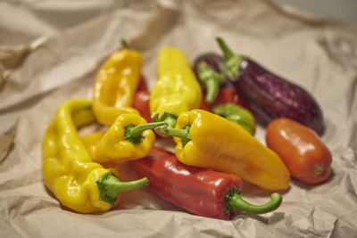 High angle view of bell peppers