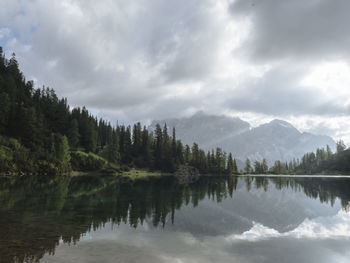 Scenic view of lake by trees against sky