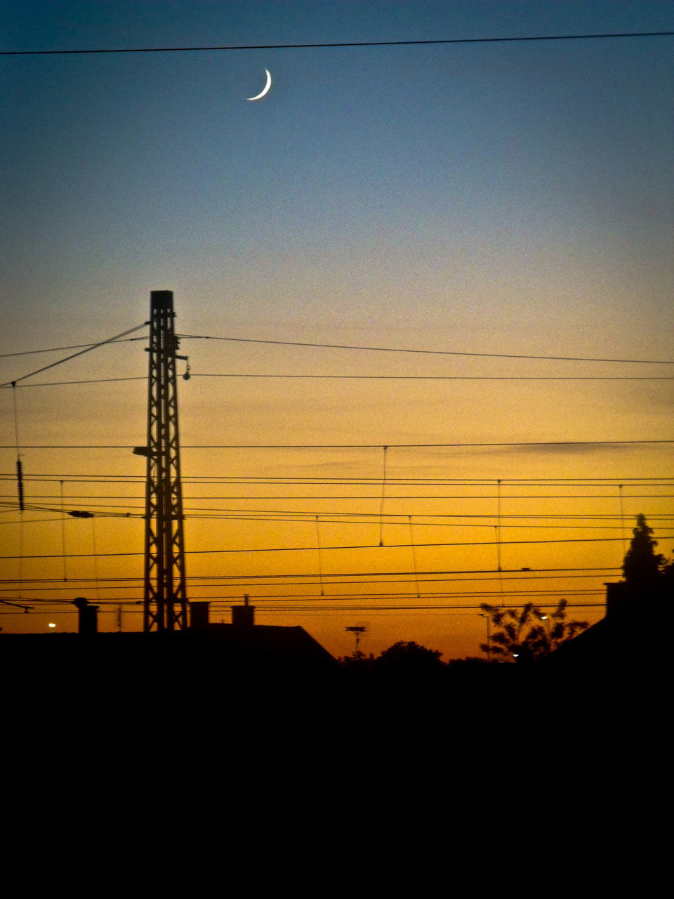 sunset, silhouette, moon, nature, no people, cable, electricity pylon, sky, landscape, clear sky, outdoors, beauty in nature