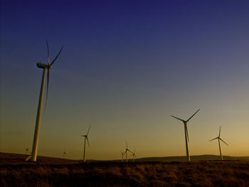 Low angle view of windmill on field against clear sky