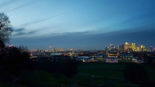 View of city lit up at night