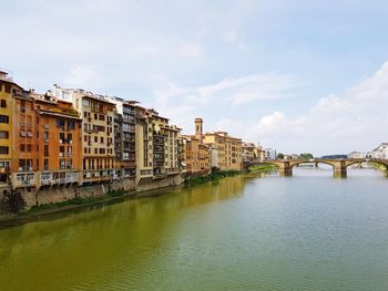 Bridge over river by buildings against sky in city