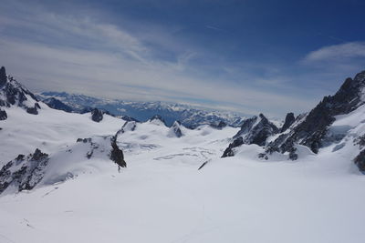 Scenic view of snow covered mountains against sky