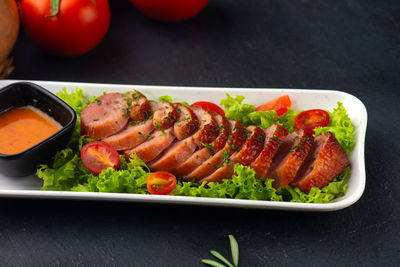 High angle view of meal served on table