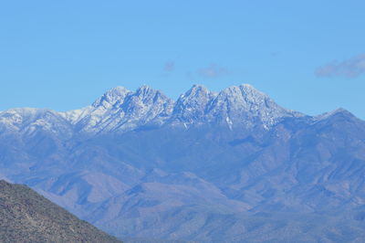 Scenic view of snowcapped mountains against blue sky