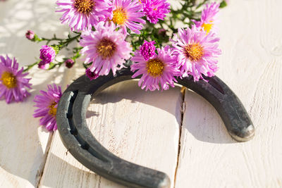 Close-up of pink flowers and horseshoe on table
