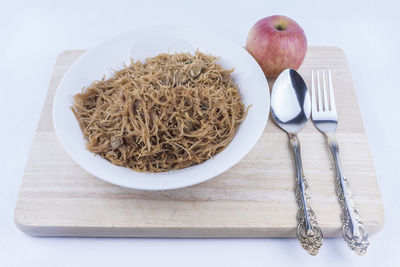 High angle view of breakfast on table