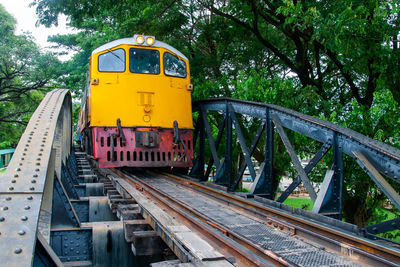 Train on railroad tracks by trees