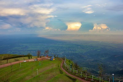 High angle view of land against sky