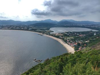 High angle view of bay against sky
