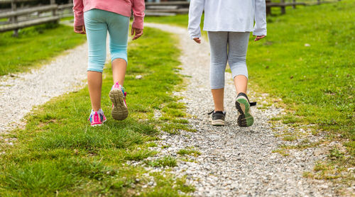 Low section of women walking on grass