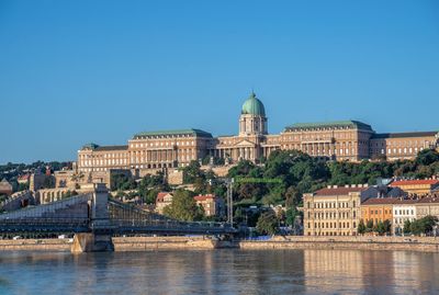 Budapest, hungary 18.08.2021. buda town architecture and danube river on a sunny summer morning