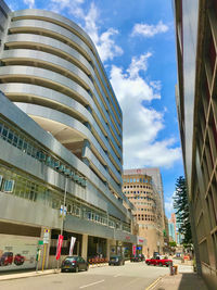 View of city street and buildings against sky