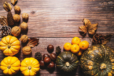 High angle view of pumpkins on table