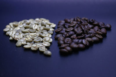 High angle view of coffee beans on table