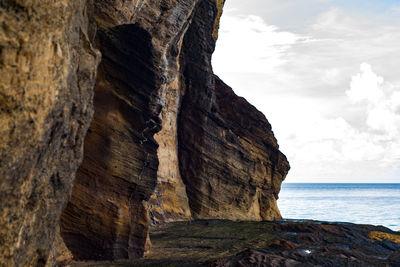 Rock formations by sea against sky