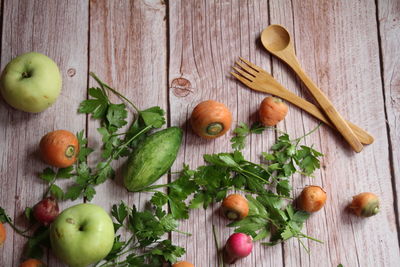 High angle view of apples on table
