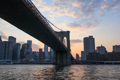 Bridge over river by buildings against sky during sunset