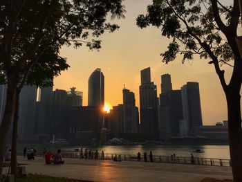 City skyline at sunset