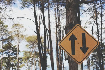 Low angle view of road sign against trees