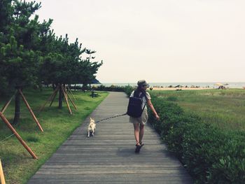 Rear view full length of woman walking with dog on boardwalk