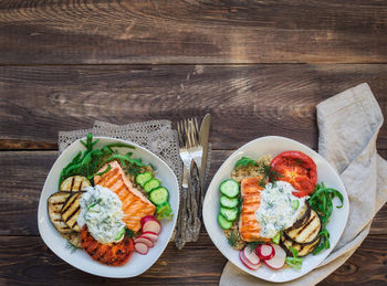 Directly above shot of breakfast served on table