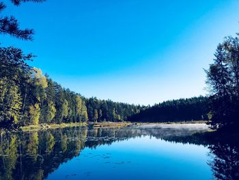 Scenic view of lake against clear blue sky