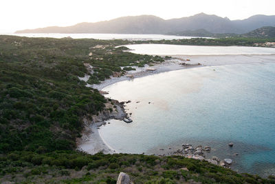 High angle view of bay against sky