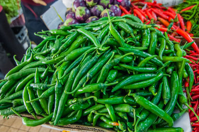 Close-up of chili peppers for sale in market