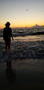 Rear view of man standing on beach during sunset