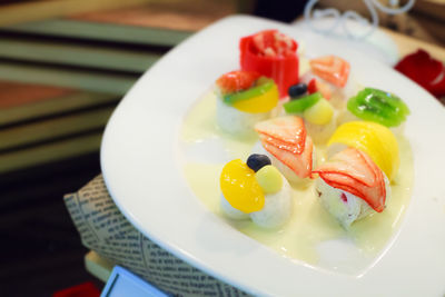 High angle view of salad in plate on table