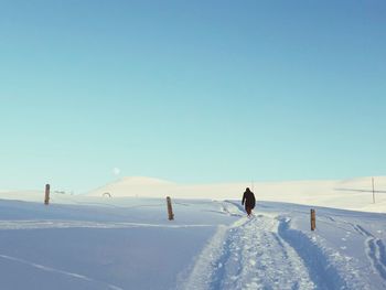 People on snowcapped mountain against clear sky