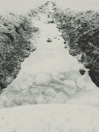 High angle view of frozen water on land