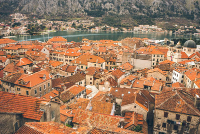 High angle view of buildings in city