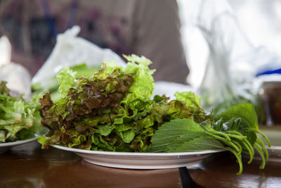 Close-up of leaf vegetables in plate on table
