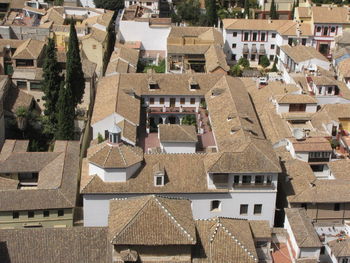 High angle view of houses in town