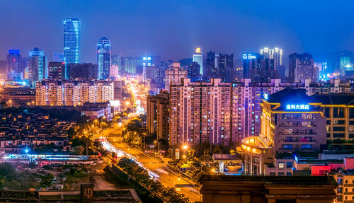 High angle shot of illuminated cityscape