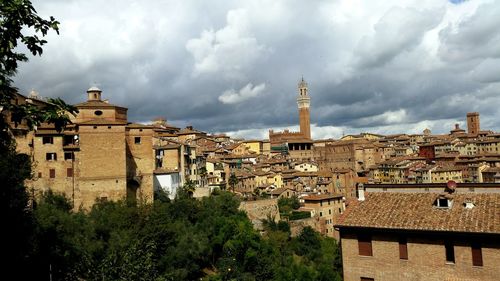 High angle view of town against cloudy sky