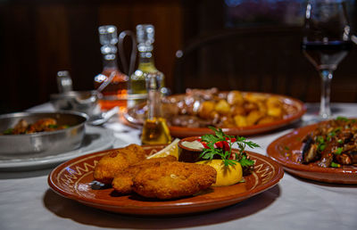 Close-up of meal served on table in restaurant