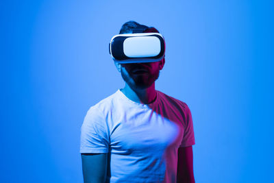 The man with glasses of virtual reality. future technology concept.