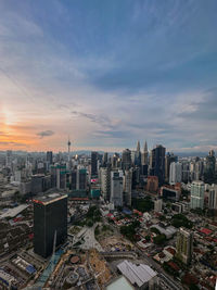 High angle view of cityscape against sky during sunset