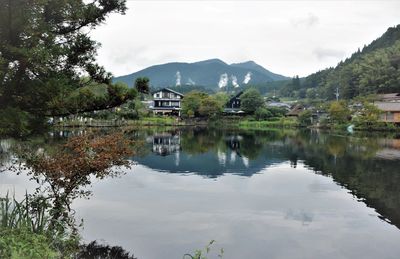 Scenic view of lake by building against sky