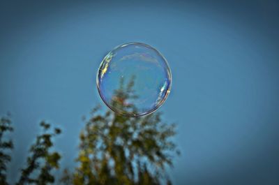 Low angle view of bubbles against blue sky