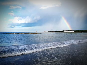 Scenic view of rainbow over sea